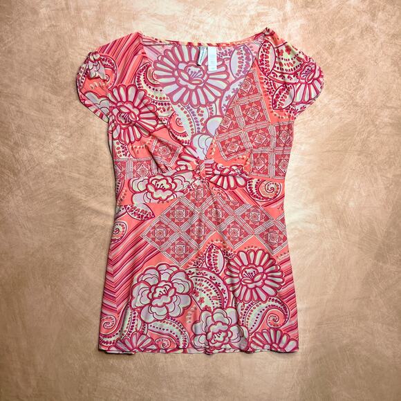 Ambrielle Floral Paisley Empire Waist Fit & Flare Top V Neck Geometric Boho Y2K - Picture 7 of 7